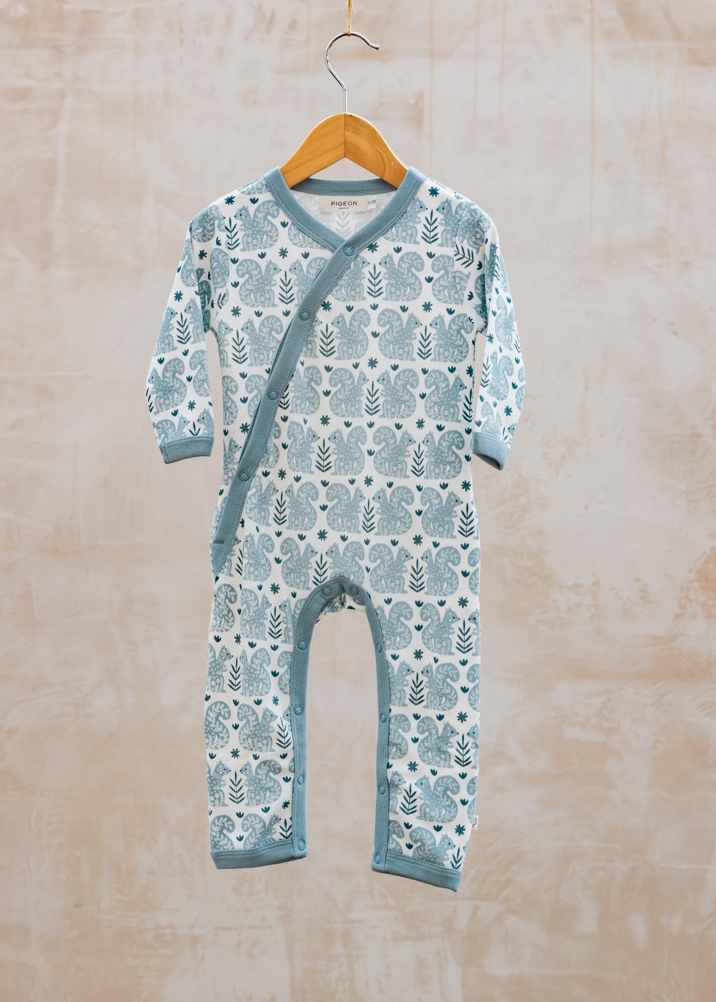 Pigeon Organics Babies' Kimono Romper in Powder Blue with Squirrels