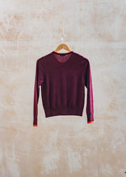 Cash-Ca Cardigan Tipped Crew in Plum and Crimson