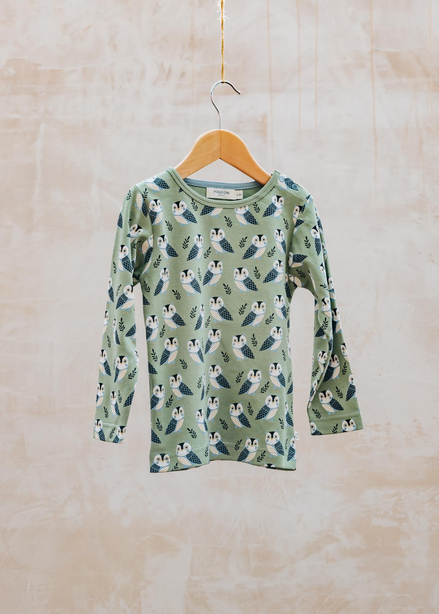 Pigeon Organics Children's Long Sleeved T-Shirt in Green with Owls