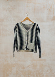 Eribé Cropped Pocket Cardigan in Black Stripe and Lentil
