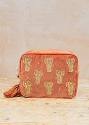 Elizabeth Scarlett Golden Elephants Velvet Wash Bag in Rust