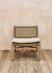 Gommaire Fiona Teak Easy Chair in Natural Grey and Sand Wicker with Bouclé Cushion