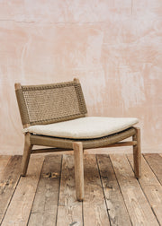 Gommaire Fiona Teak Easy Chair in Natural Grey and Sand Wicker with Bouclé Cushion