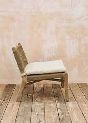 Gommaire Fiona Teak Easy Chair in Natural Grey and Sand Wicker with Bouclé Cushion