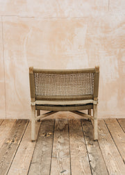 Gommaire Fiona Teak Easy Chair in Natural Grey and Sand Wicker with Bouclé Cushion