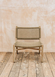 Gommaire Fiona Teak Easy Chair in Natural Grey and Sand Wicker with Bouclé Cushion
