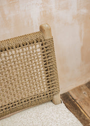 Gommaire Fiona Teak Easy Chair in Natural Grey and Sand Wicker with Bouclé Cushion