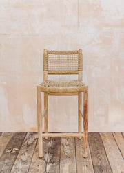 Gommaire Mieke Teak Bar Chair in Natural Grey and Sand Wicker with Bouclé Cushion