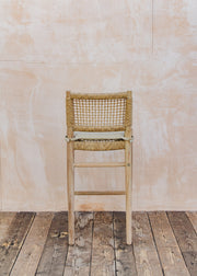Gommaire Mieke Teak Bar Chair in Natural Grey and Sand Wicker with Bouclé Cushion