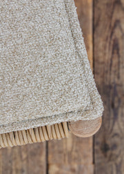 Gommaire Mieke Teak Bar Chair in Natural Grey and Sand Wicker with Bouclé Cushion