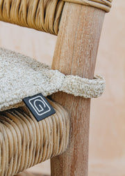 Gommaire Mieke Teak Bar Chair in Natural Grey and Sand Wicker with Bouclé Cushion