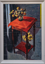 Vintage Artwork Still Life of Vases of Flowers on a WhatNot