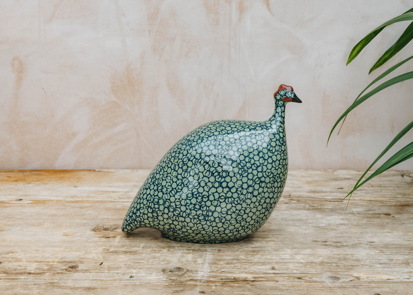 Medium Ceramic Guinea Fowl in Green Spotted Cobalt