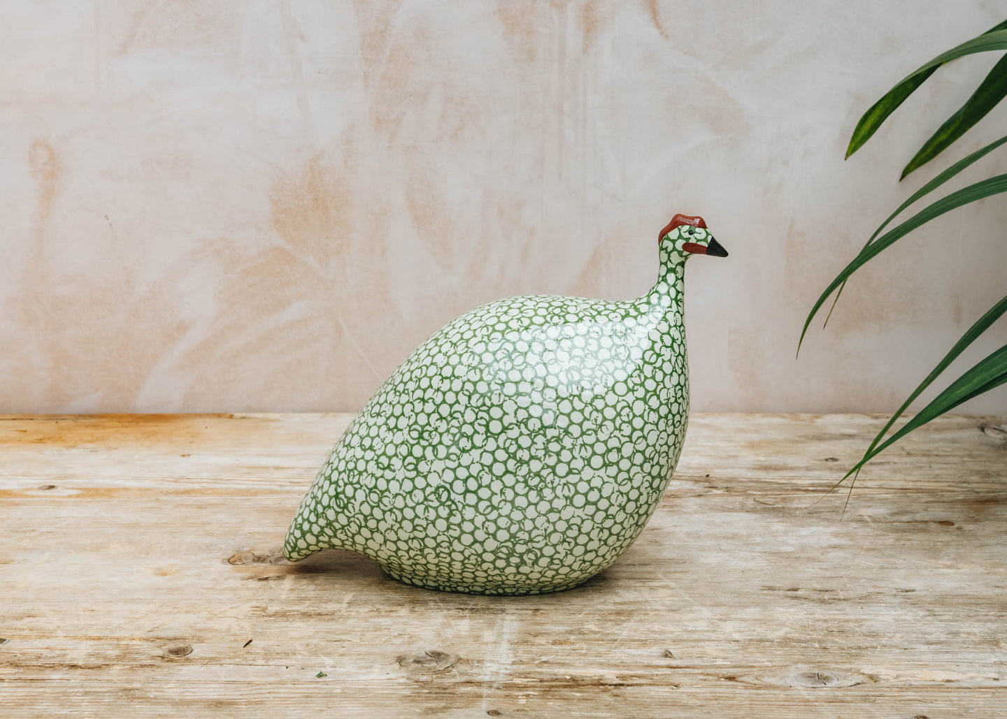 Medium Ceramic Guinea Fowl in Green Spotted Green