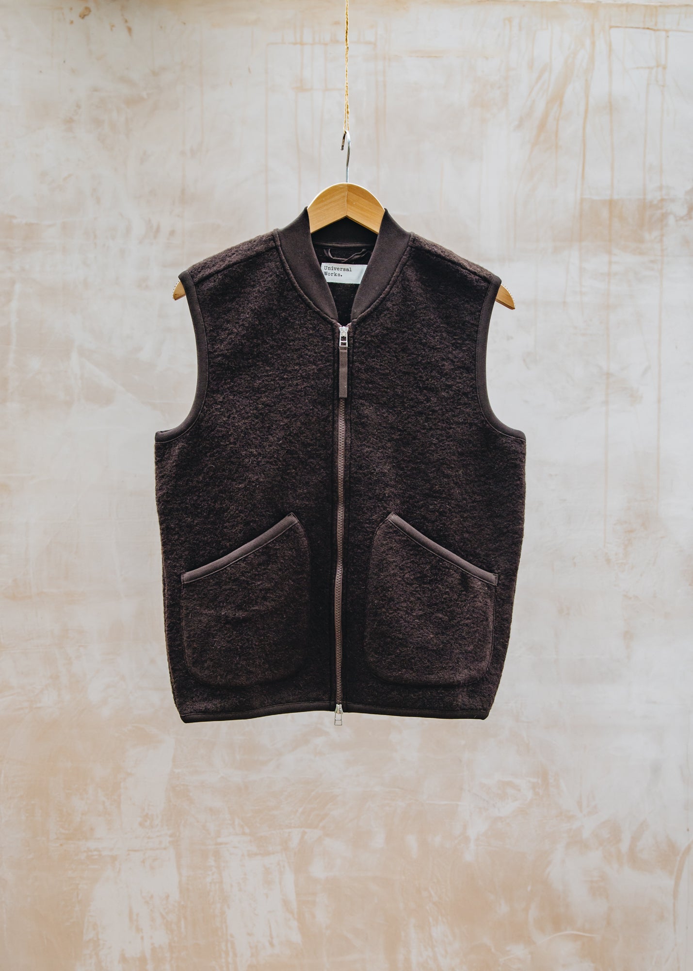 Universal Works Wool Fleece Zip Waistcoat in Brown – Burford