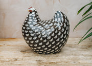 Very Large Ceramic Hen in Black Brown Spotted White