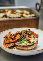 Brinjal Moju with Halloumi Stuffed Portobello Mushrooms