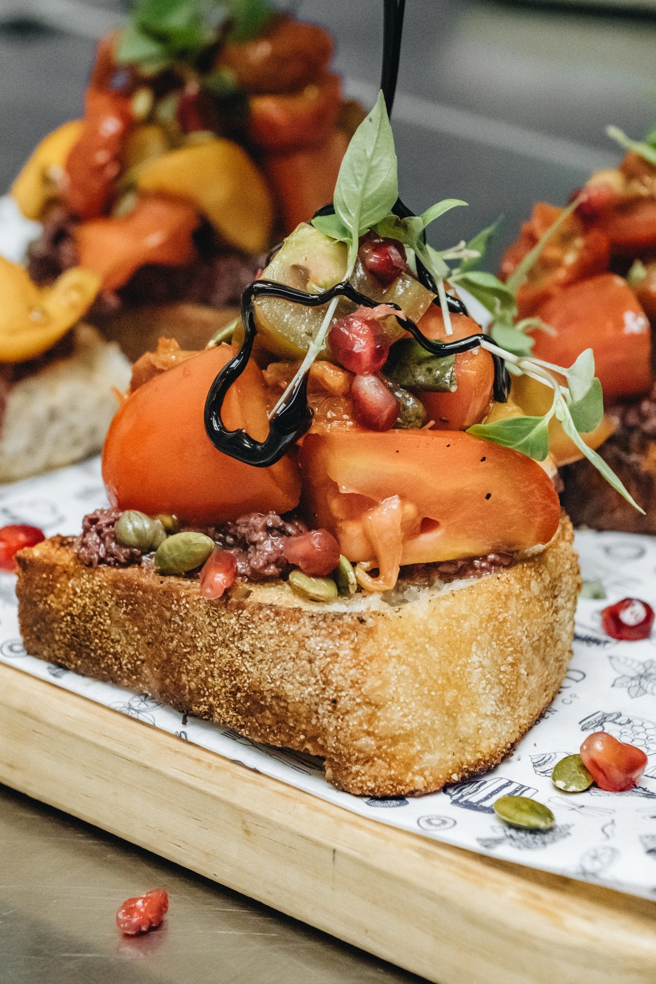 Grilled Sourdough Bruschetta with Olive Tapenade, Basil and Balsamic Glaze