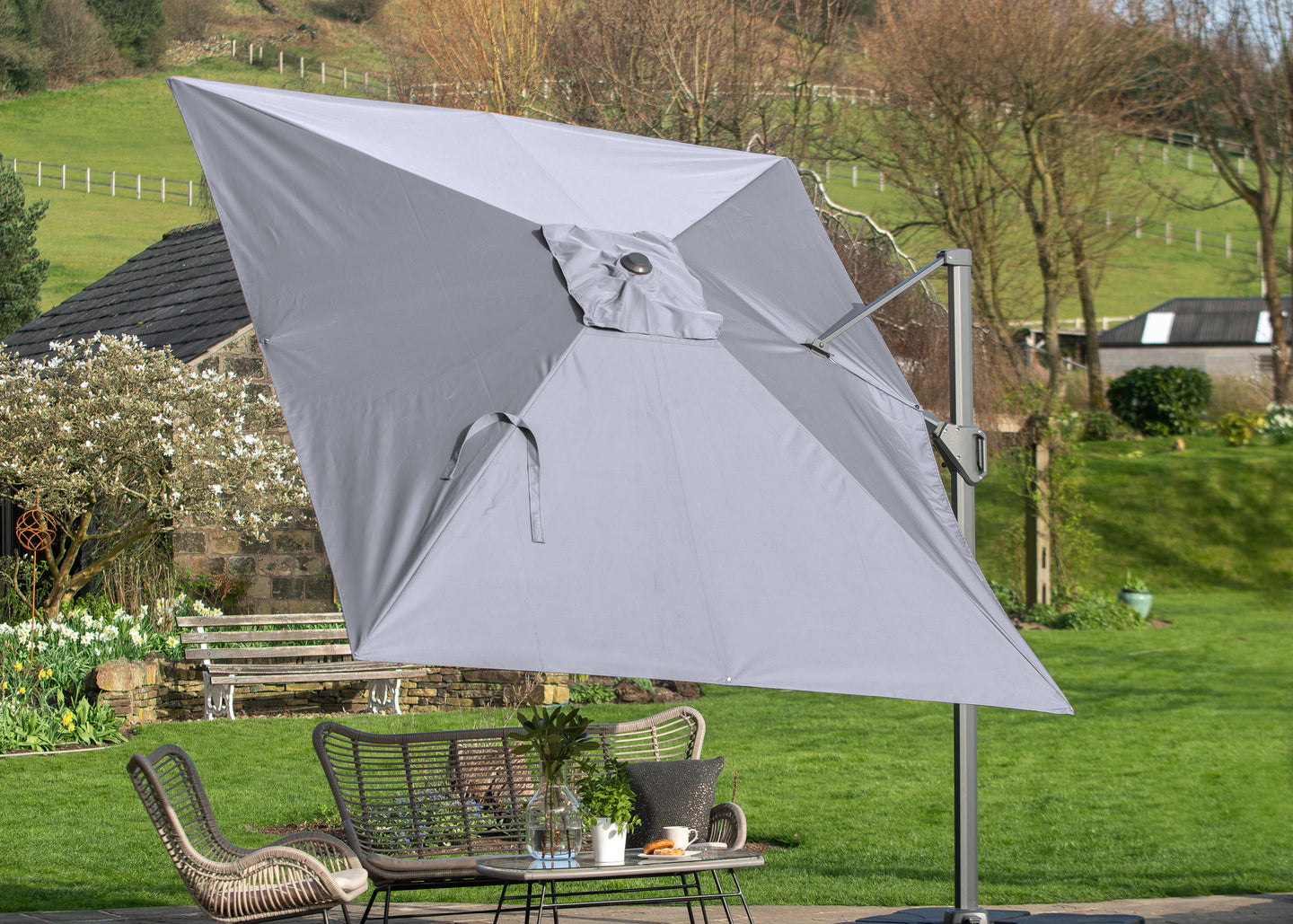 Pacific Lifestyle T2 Challenger Oblong Free Arm Parasol in Light Grey (3.5mx2.6m)