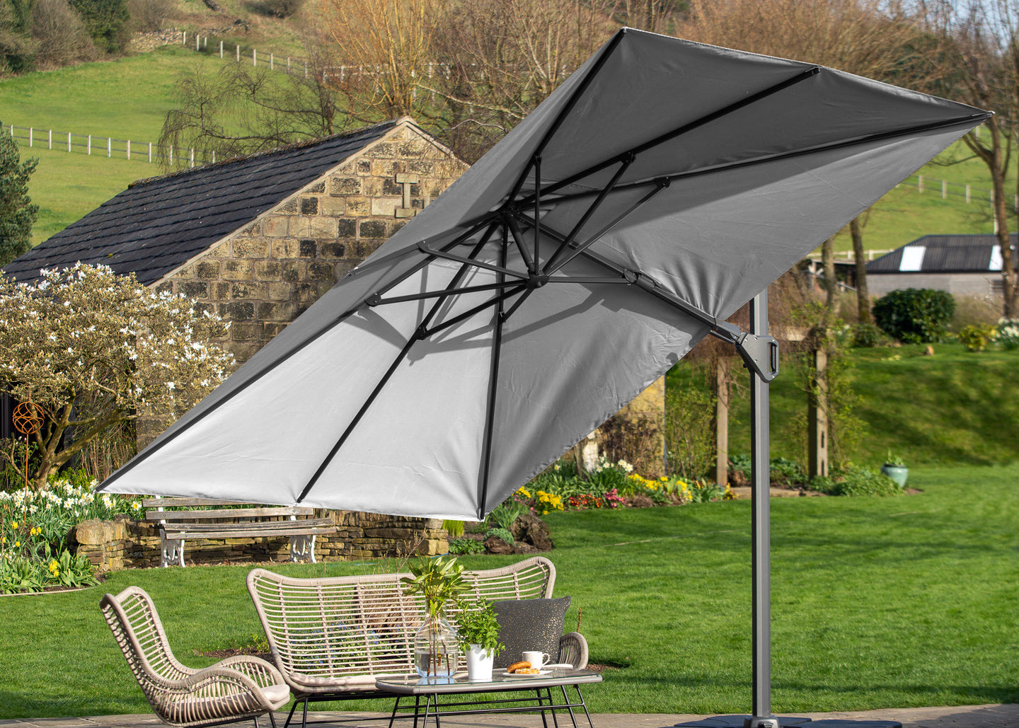 Pacific Lifestyle T2 Challenger Oblong Free Arm Parasol in Light Grey (3.5mx2.6m)
