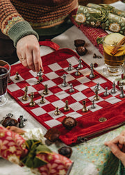 Handcrafted Burgundy Red Suede Roll Up Chess Set