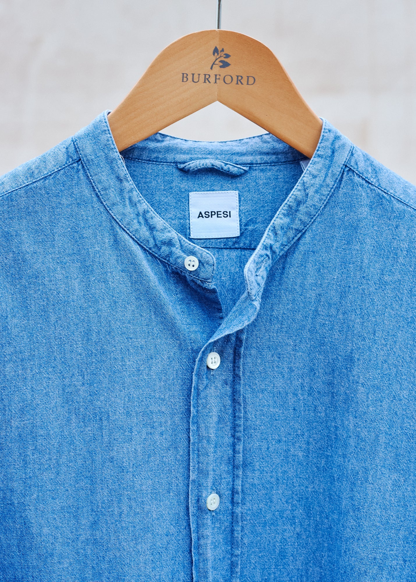 Kenny Ryder Aspesi Pure Cotton Chambray Collarless Shirt - M