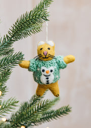 Cat with Snowman Sweater Ornament
