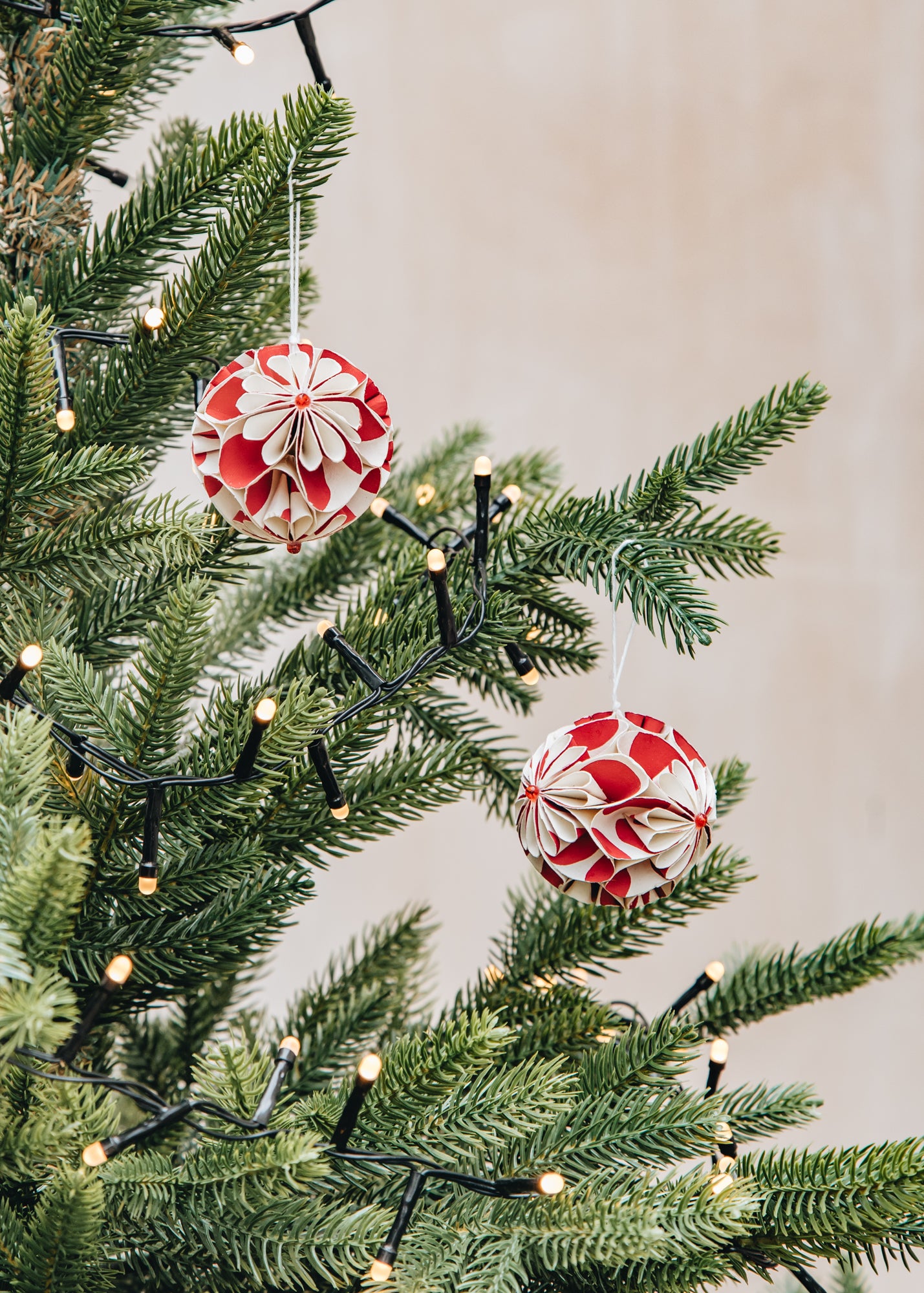 Flower Ball Ornament in White and Red, pack of two