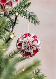 A World of Craft Flower Ball Ornament in White and Red, pack of two