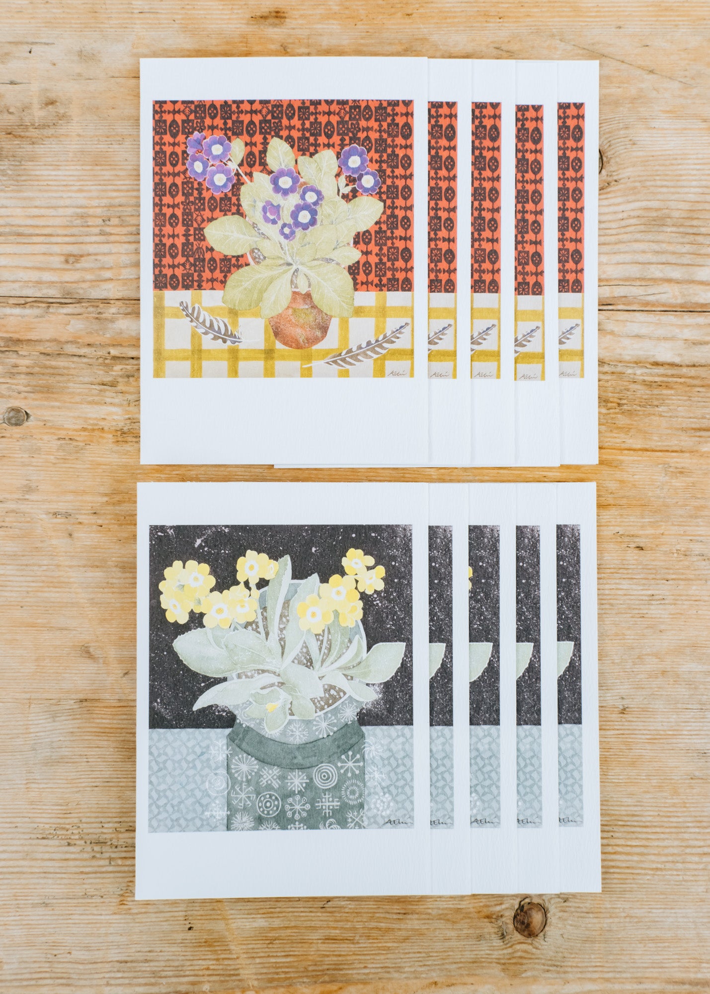 Angie Lewin, 'Totem with Auricula' and 'Auricula with Japanese Paper' Printed Notecards, pack of ten