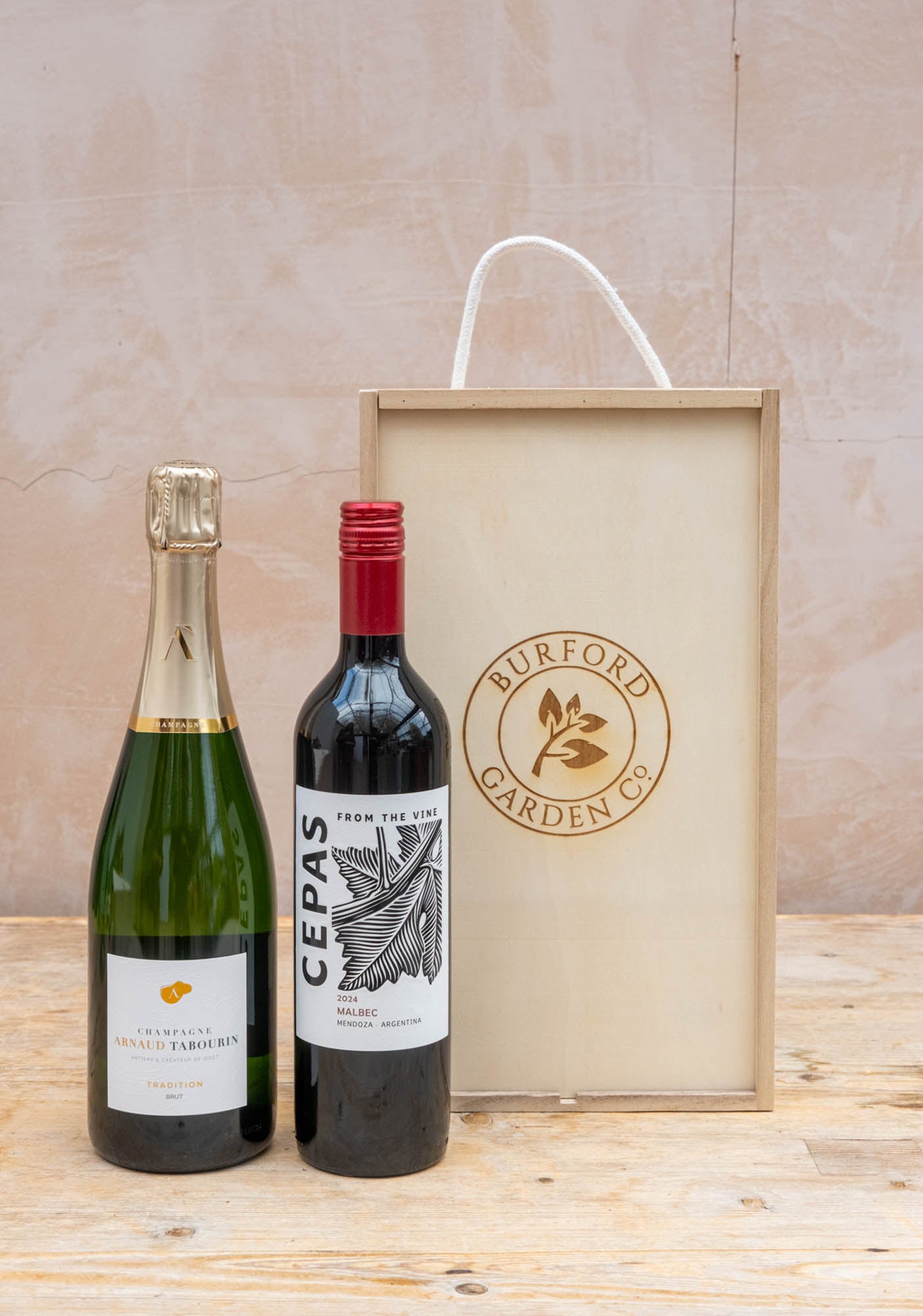 Champagne Arnaud Tabourin Brut Tradition NV and Cepas Malbec in Wooden Gift Box
