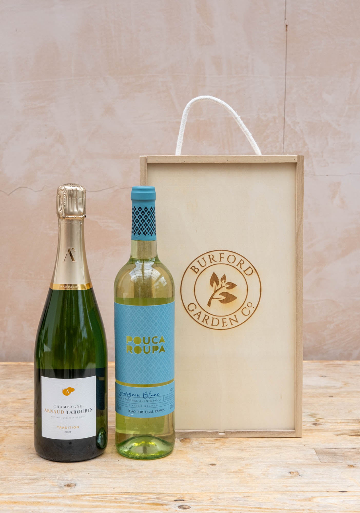 Champagne Arnaud Tabourin Brut Tradition NV and Pouca Roupa Sauvignon Blanc in Wooden Gift Box