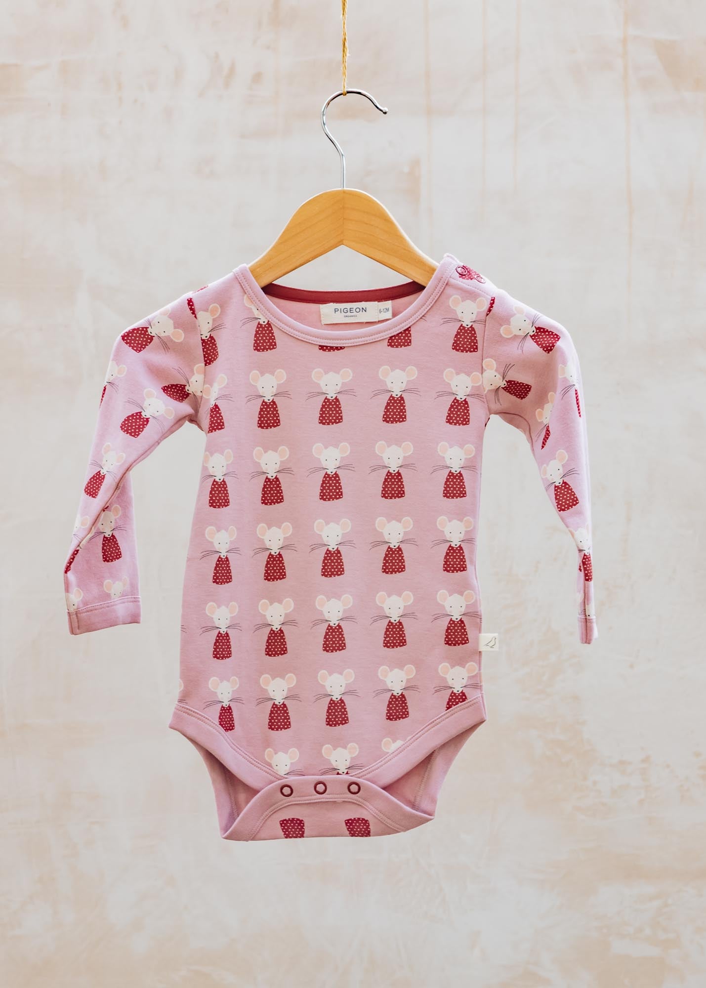 Pigeon Organics Babies' Bodysuit in Pink with Mice in Red Dresses
