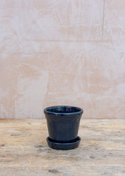 Copenhagen Sapphire Blue Glazed Pot and Saucer Set, 12cm