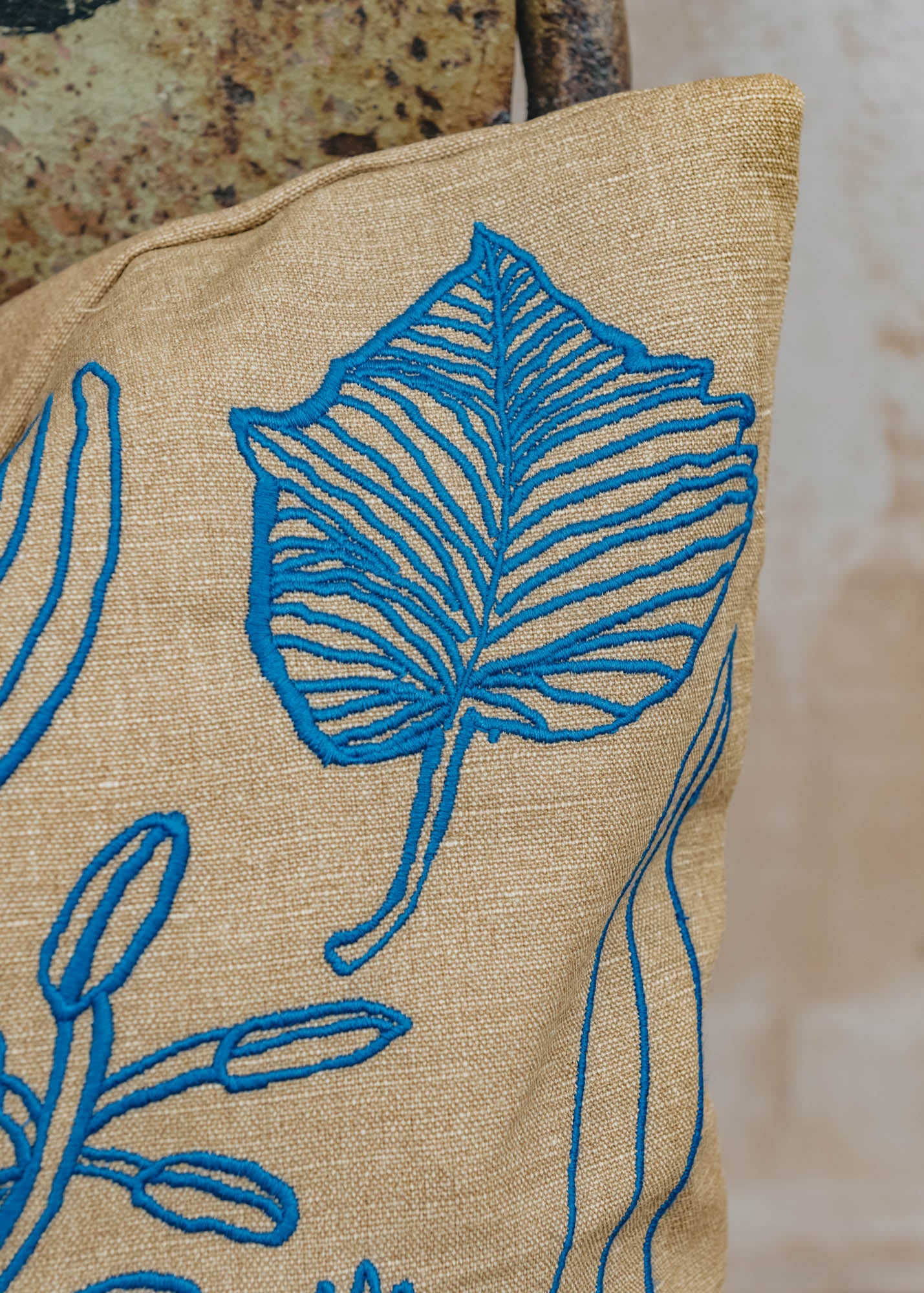 Fine Little Day Blue and Brown Embroidered Botanic Leaves Cushion