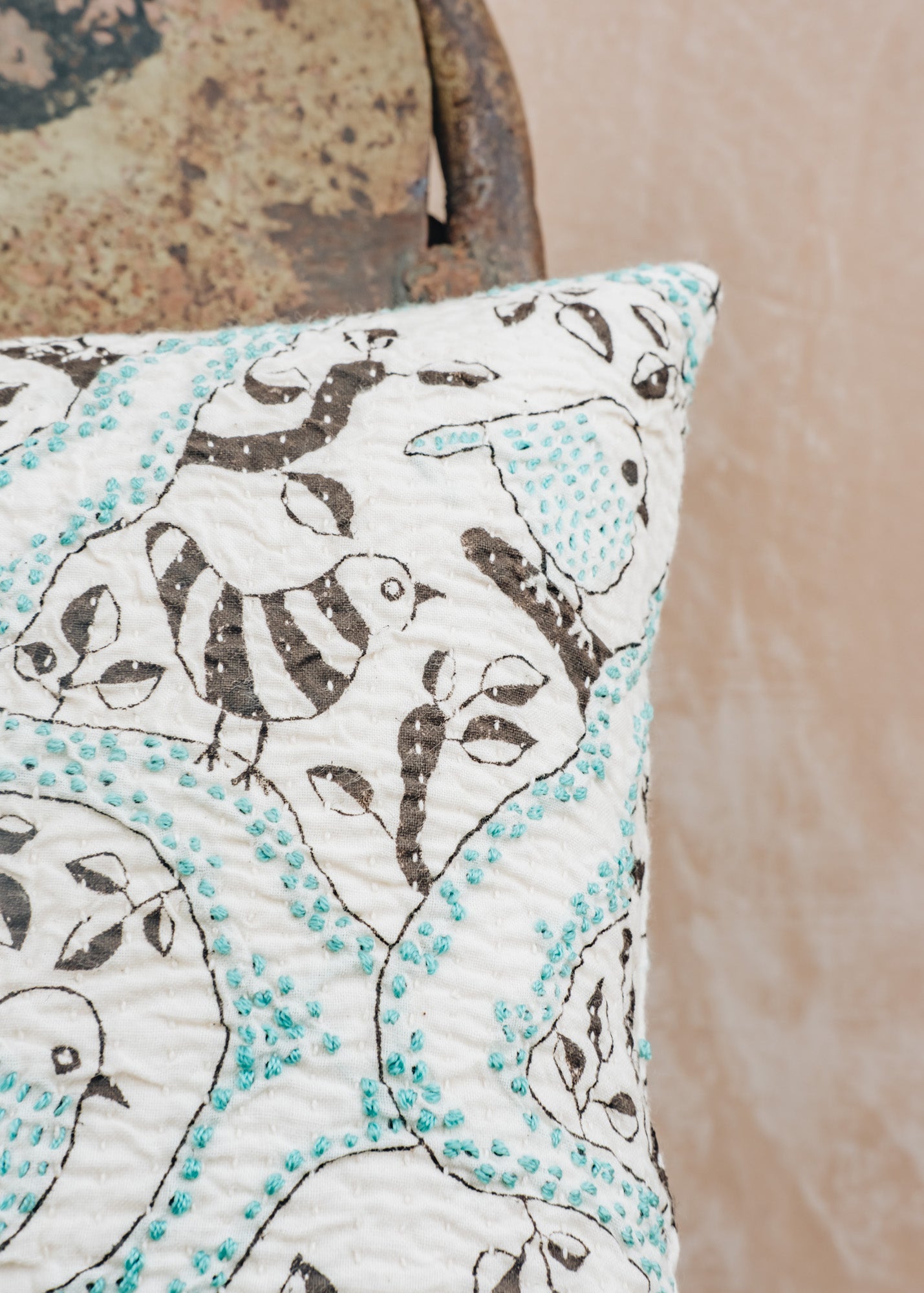 AfroArt Brown and Light Blue Kantha Birds Cushion