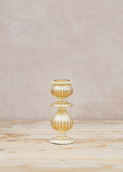 Bungalow Striped Candle Holder in Cream and Gold, 15cm