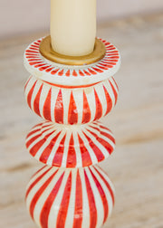 Bungalow Striped Candle Holder in White and Red, 15cm