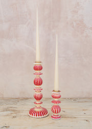 Bungalow Striped Candle Holder in White and Red, 15cm