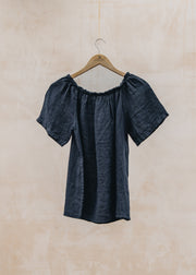 Burford Garden Co. Ellie Gathered Neckline Top in Dark Navy Linen