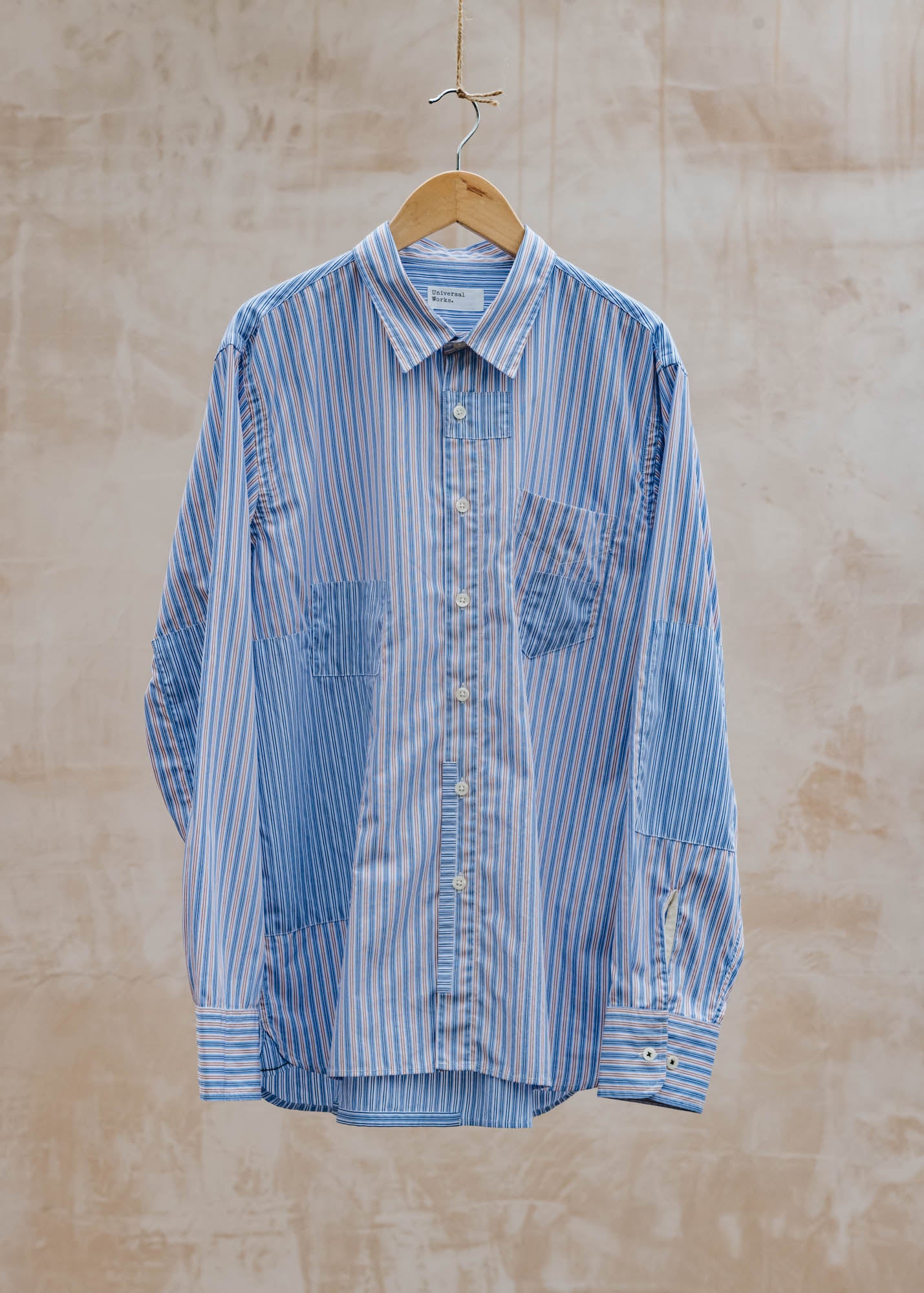 Universal Works Busy Stripe Patched Shirt in Blue