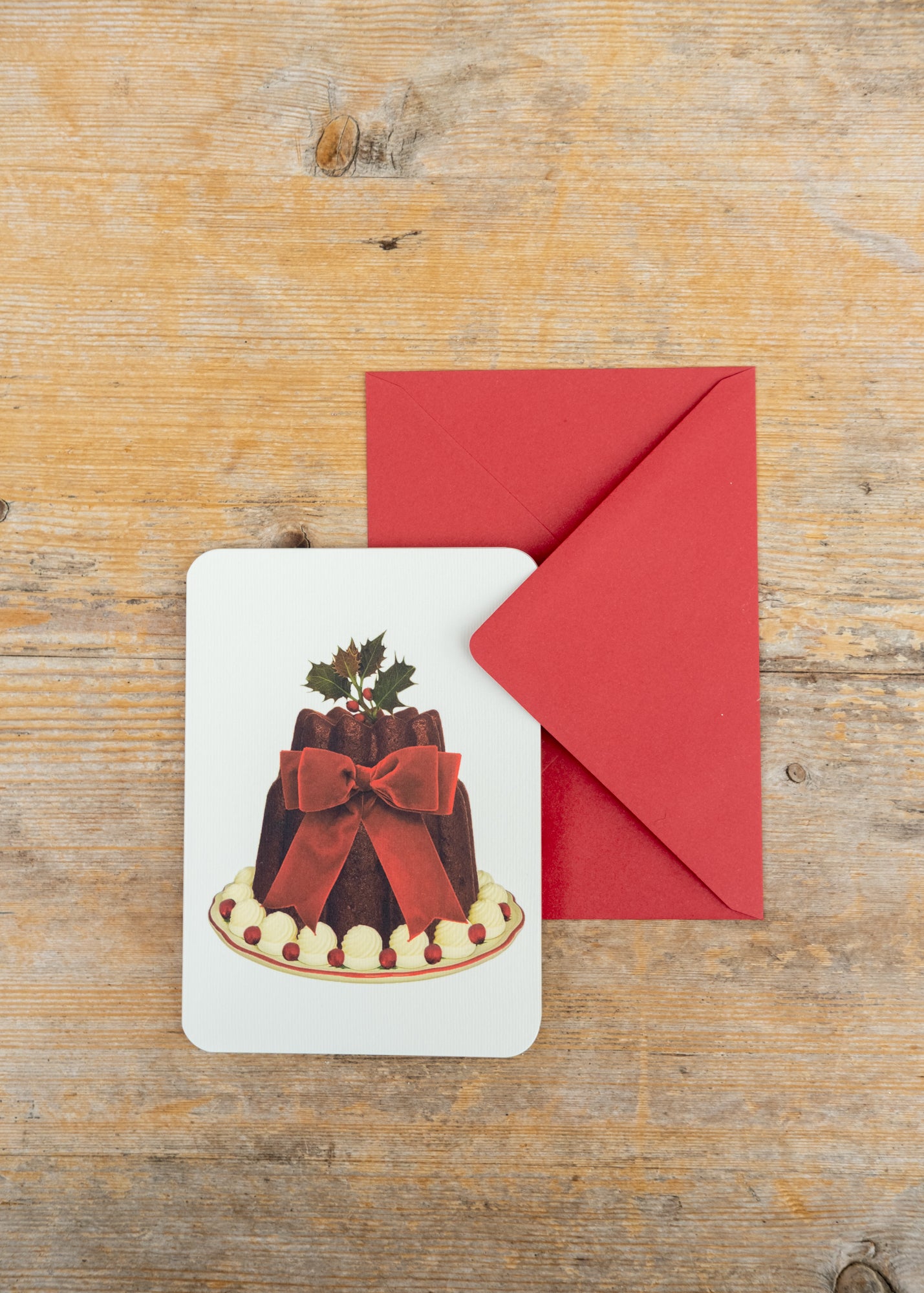 Plum Pudding with Red Tartan Bow Christmas Card