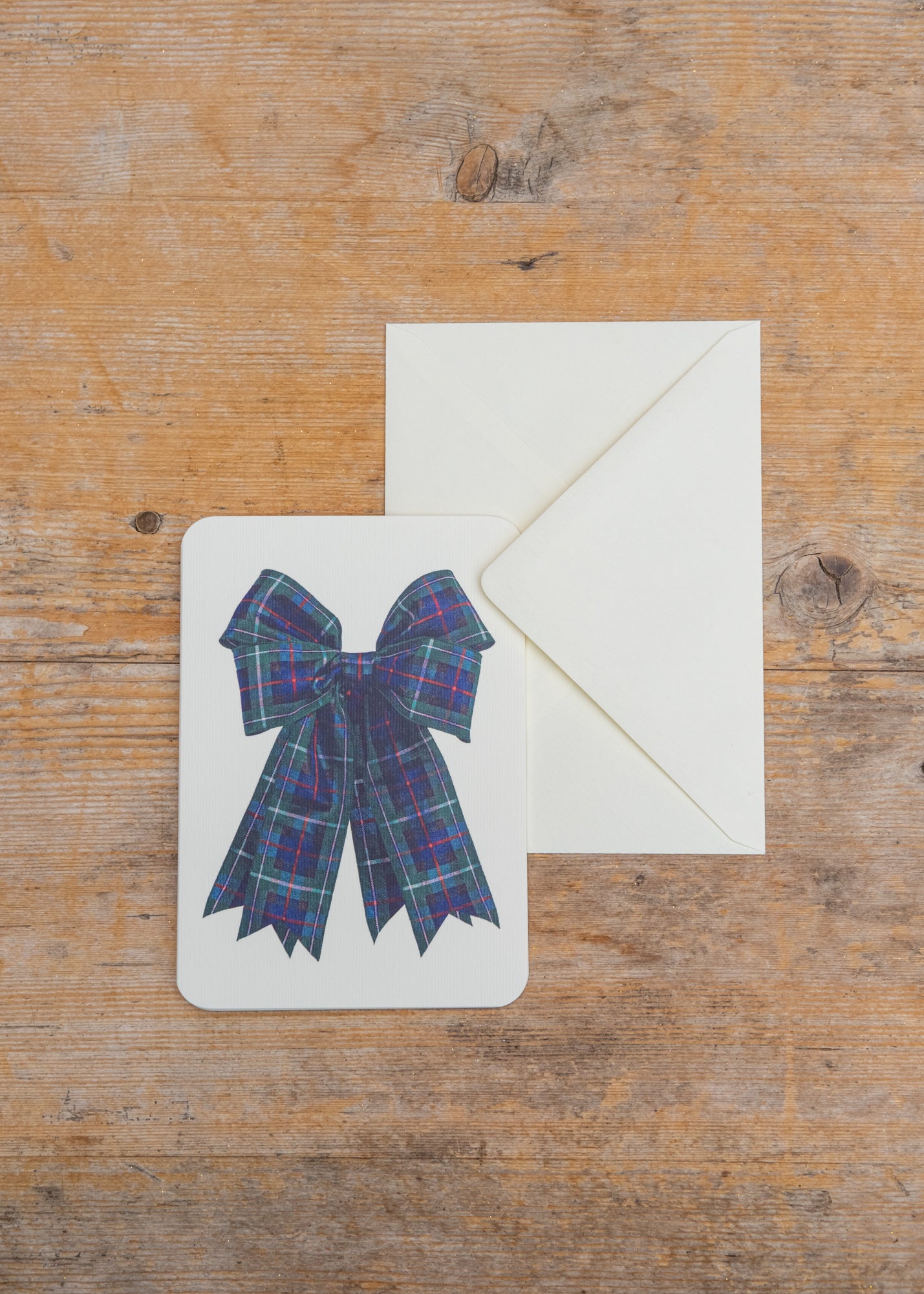 Blue/Green Tartan Bow Christmas Card