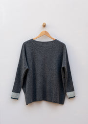 Cash-Ca Oversized Stripe Soft Crew Neck Sweater in Graphite, Silver and Teal