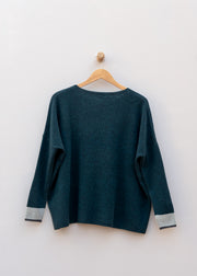 Cash-Ca Oversized Stripe Soft Crew Neck Sweater in Teal, Silver and Graphite