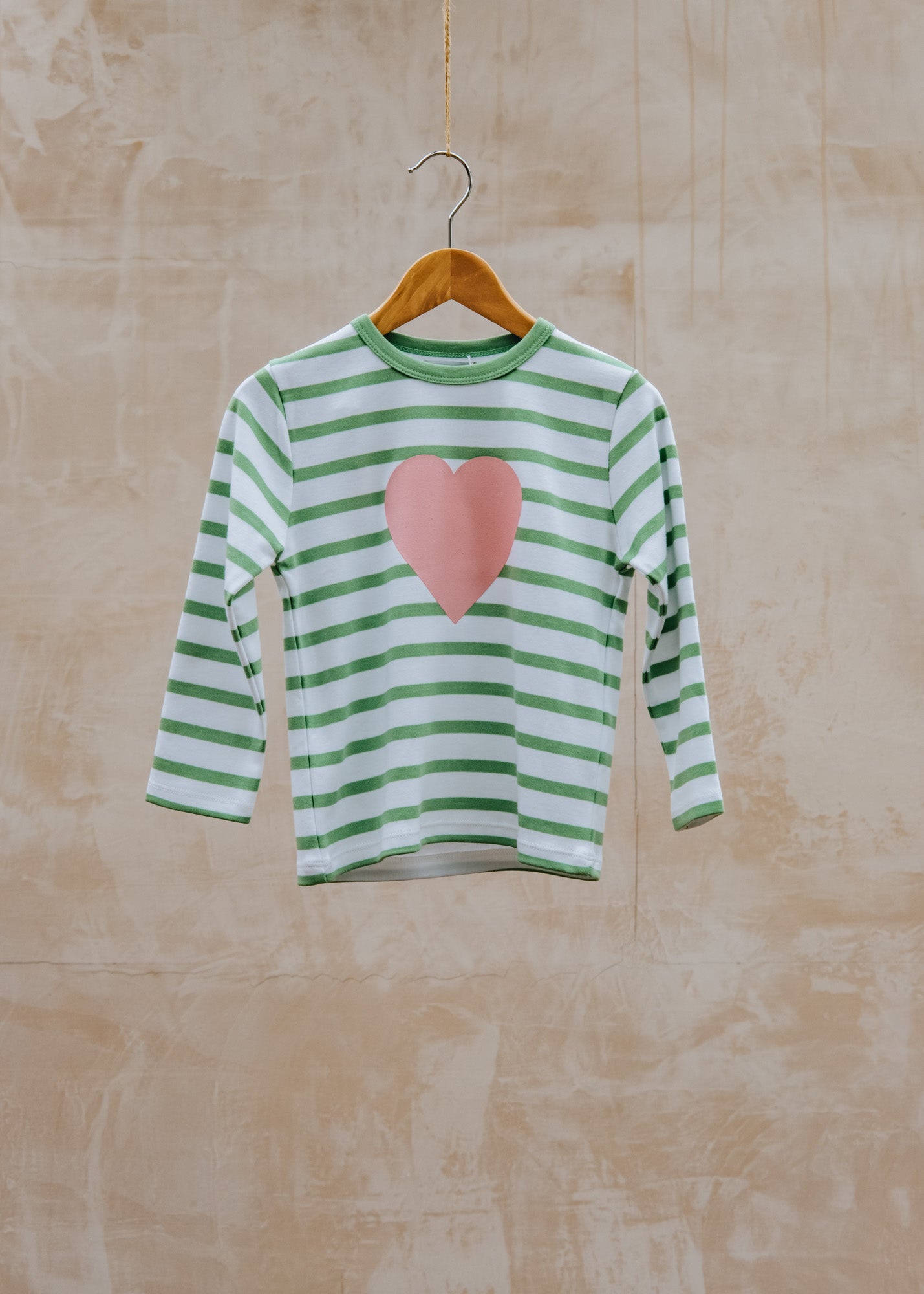 Bob & Blossom Children's Love Heart T-Shirt in Grass Green and White Breton Stripes