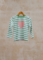 Bob & Blossom Children's Love Heart T-Shirt in Grass Green and White Breton Stripes