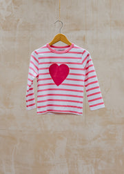Bob & Blossom Children's Love Heart T-Shirt in Hot Pink and White Breton Stripes
