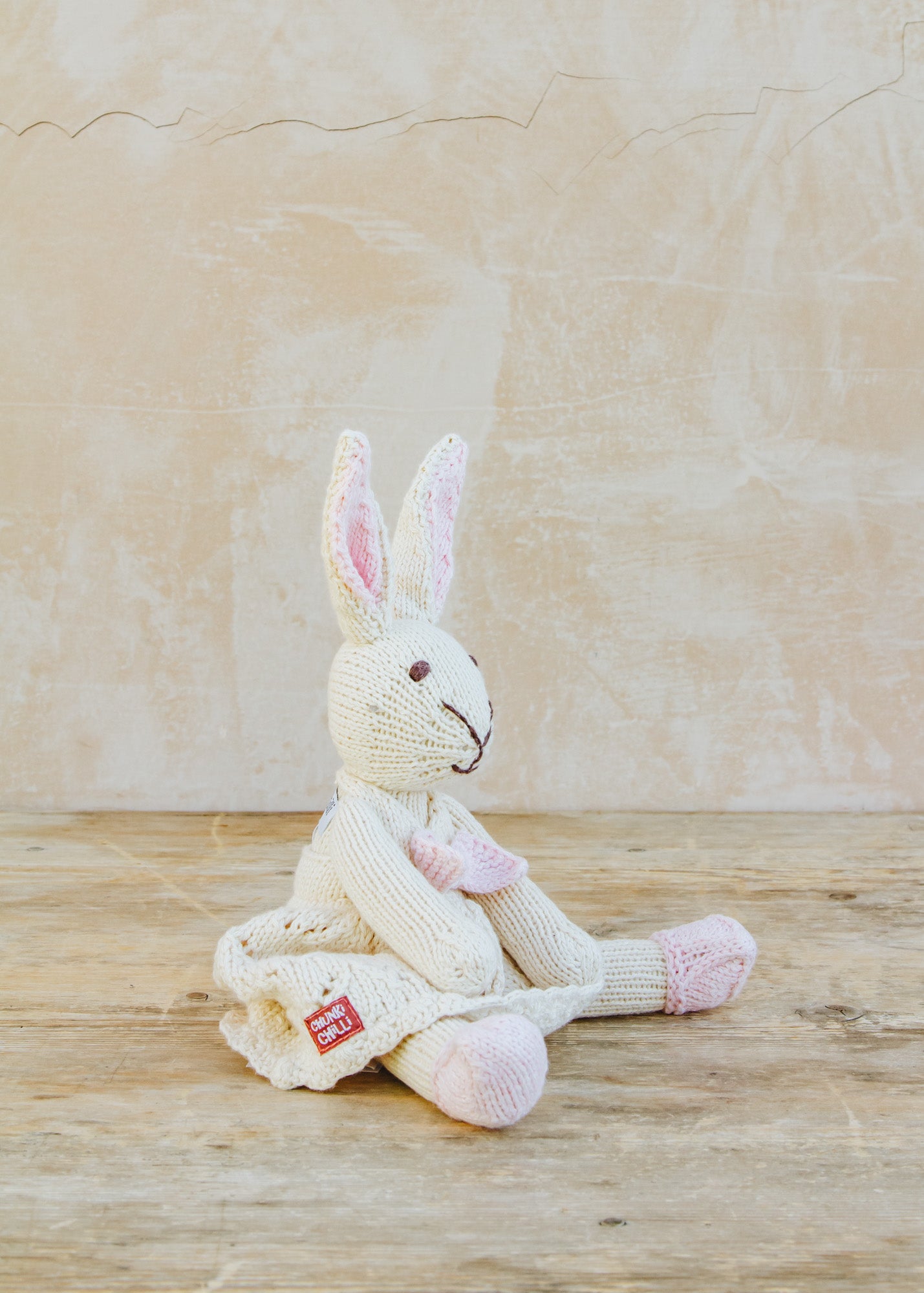 ChunkiChilli Knitted White Rabbit in Crocheted Dress with Pink Bow