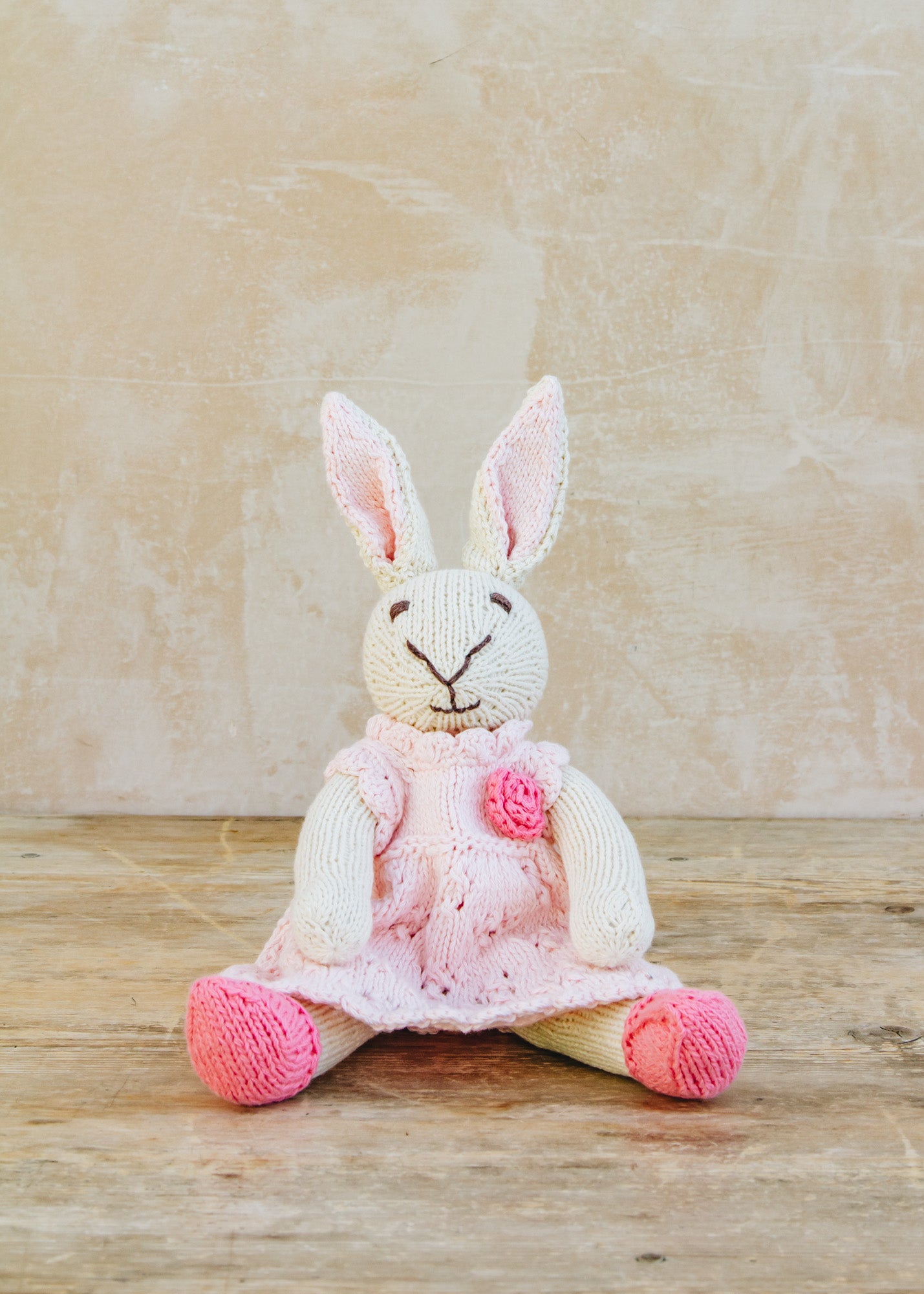 Djeco Knitted White Rabbit in Pink Dress with Pink Crocheted Flower